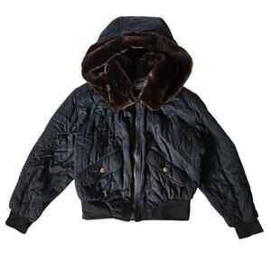 Y2k Iceberg Jeans Bomber Jacket Euro Faux Fur Hood - Large